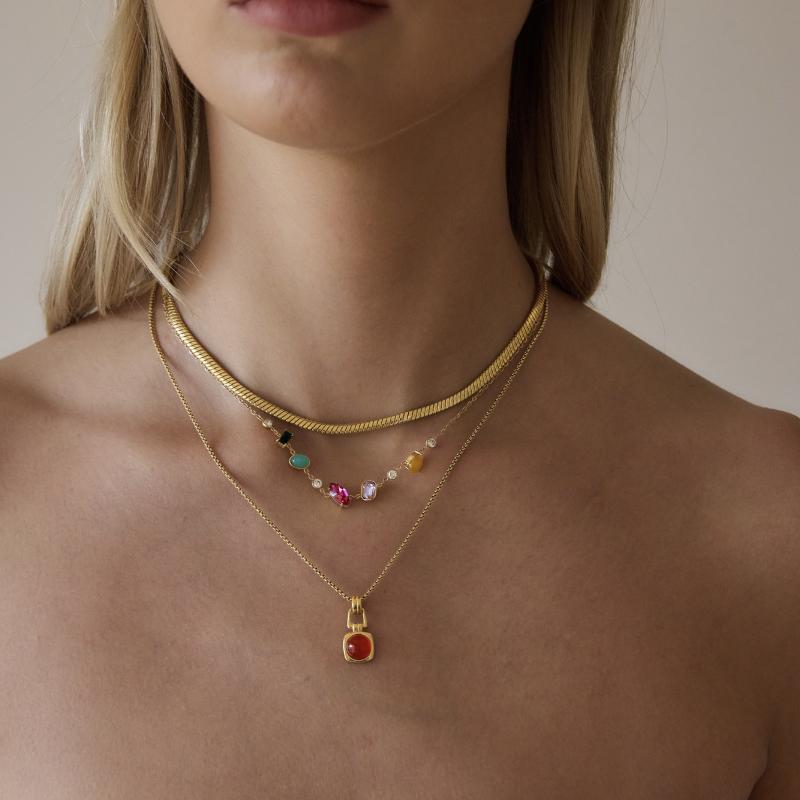 Natural Stone Zircon Crystal Pendant Necklace For Women  Gold Pvd Plated Stainless Steel Necklace Fashion Jewelry Gift