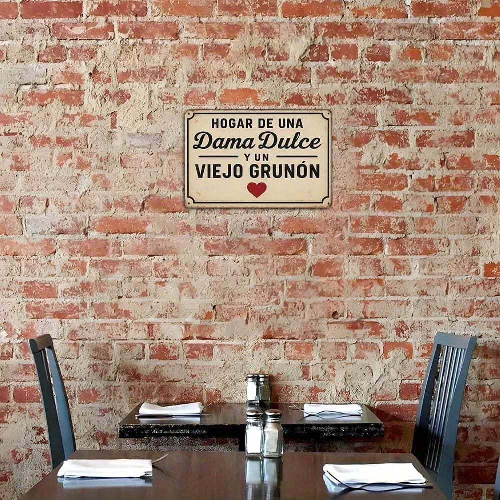 Vintage Spanish Metal Sign "Hogar De Una Dama Y De Un Grunon," 8x12 Inch, Distressed Finish.