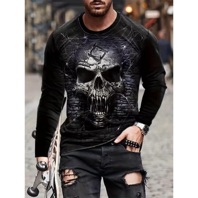 Autumn Round Neck 3D Skull Pattern Printed Top Fashionable Casual Long Sleeved Men's T-shirts