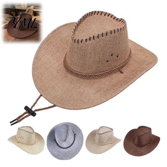 Lightweight Casual Hat Western Cowboy with Windbreak Rope for Men, Wide Brim Linen Sun Outdoor Travel, Halloween Cosplay Costume, Breathable