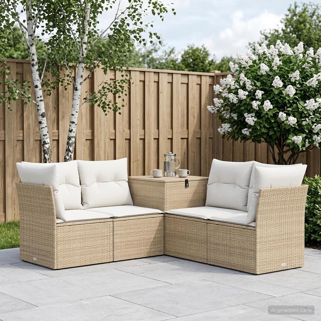Sofa Set 5 Pcs Beige and Cream White Poly Rattan and Steel