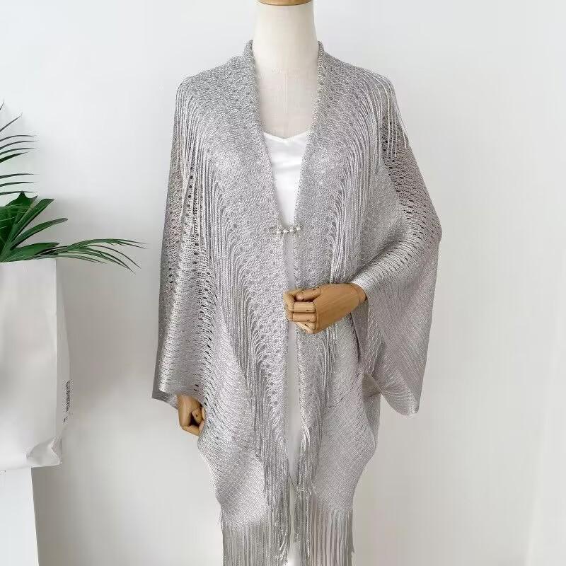 European-Style Gold Silk Split Shawl Women'S Thin Dinner Dress With Decorative Fringe Hollow-Out Sunscreen Scarf