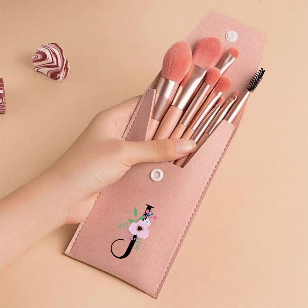 Pink Makeup Brushes Set Soft Synthetic Hair Portable Powder Eyeshadow Brushes For Daily Use Flower And Black Pattern