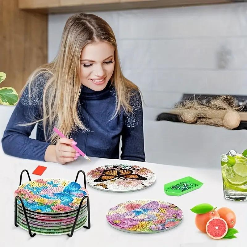 8 Pieces/set of Diamond Butterfly Patterned Coasters, DIY Coasters with Holder, Suitable for Beginners and Adults, Art and Craft Supplies Gifts