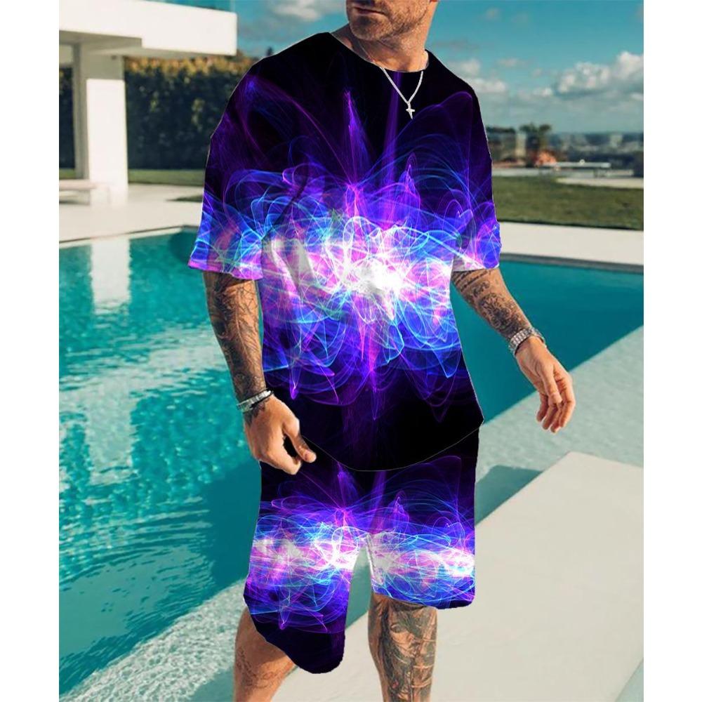 Summer Fashionable Men's Striped Style 3D Two-piece Set Street Casual Fashion Breathable Comfortable Sports Loose Large Size Sports Wear