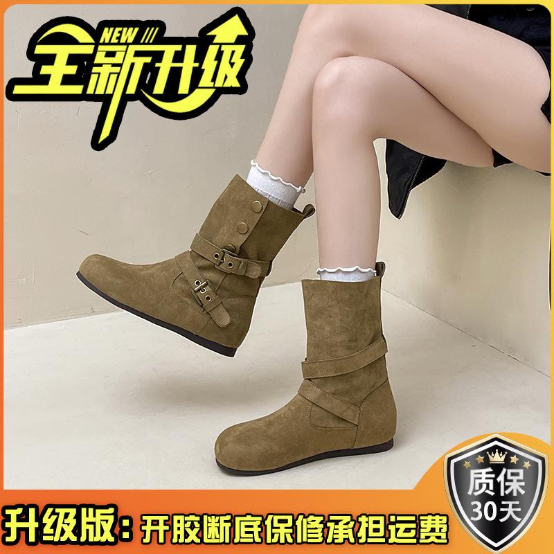 Retro two-wear medium boots Western cowboy fashion boots Women's autumn and winter simple and comfortable casual flat Martin boots