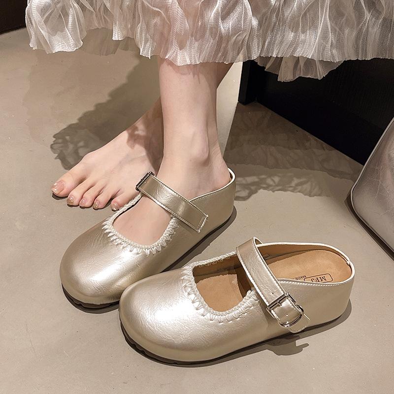 Rhinestone women's woven ballet shoes 2025 new round head Mary Jane rivet soft leather hollow flat-bottomed dance shoes