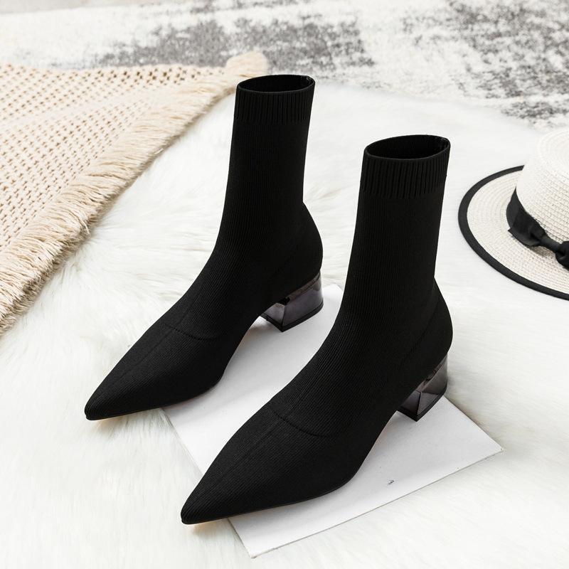 Skinny Boots, Women's Shoes, High-heeled Pointed-toe Mid-heeled Ankle Boots, Single Boots, Chunk-heeled Sock Boots