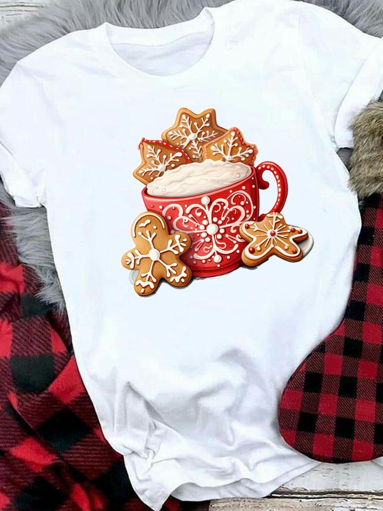 (Asian Size) style cartoon cute Merry Christmas tee Top festival New Year Holiday Casual Lady Short Sleeve Fashion Women Print Graphic T-shirts