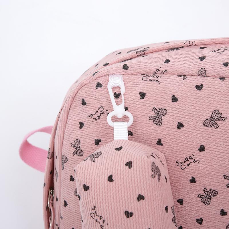 Three-Piece Backpack Set Bow Printed Corduroy Large Capacity Handbag Multi-Functional Backpack with Lunch Bag Pen Bag