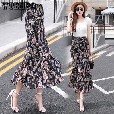 Sommer Damen Chiffon Schlitz Halbrock Mittel- bis Langstil Kleinblumig Hohe Taille Wickelrock Fishtail-Rock Langer Rock