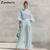 Fashion Chic Sheer Chiffon Set Solid Stand Collar Bubble Sleeve + High Waist Wide Leg Pants Two Piece Outfit