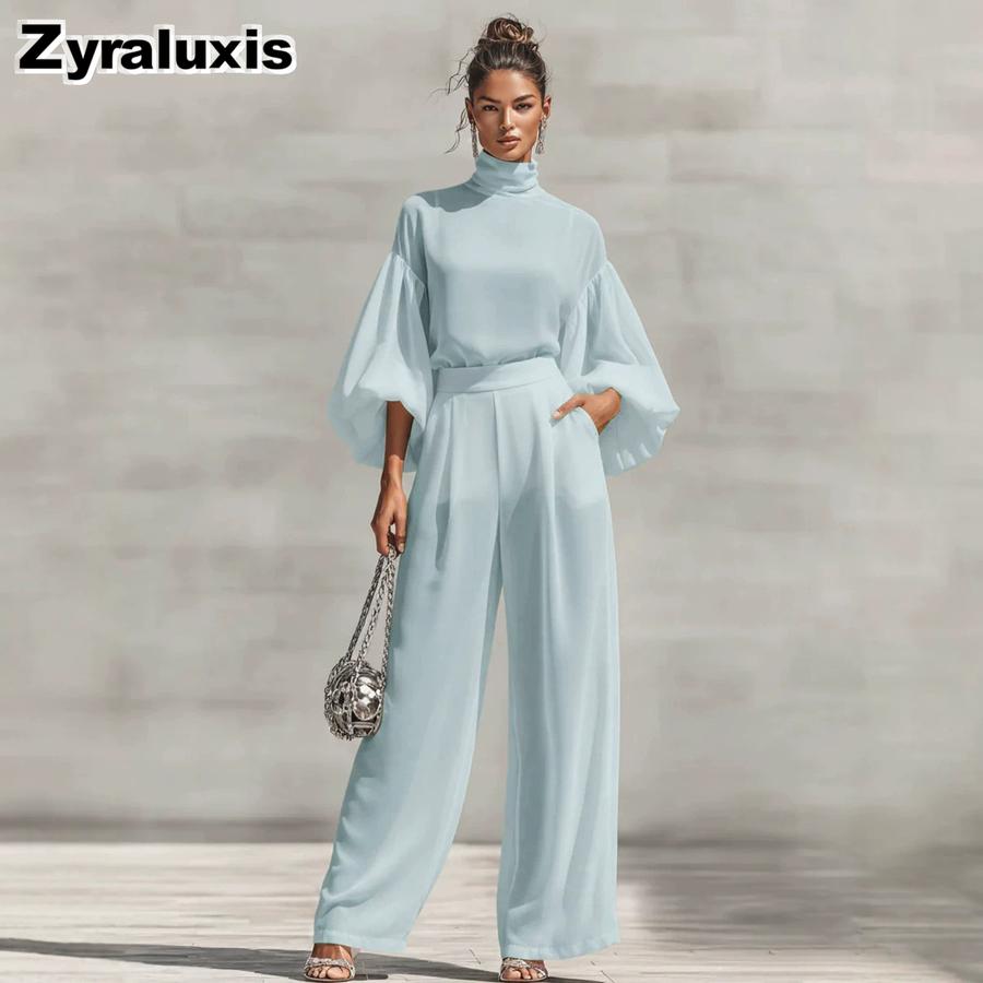 Fashion Chic Sheer Chiffon Set Solid Stand Collar Bubble Sleeve + High Waist Wide Leg Pants Two Piece Outfit