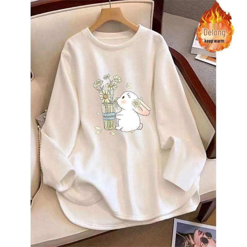 Women's Loose Plush Base Layer Mid-Length Split Long-Sleeve Tee