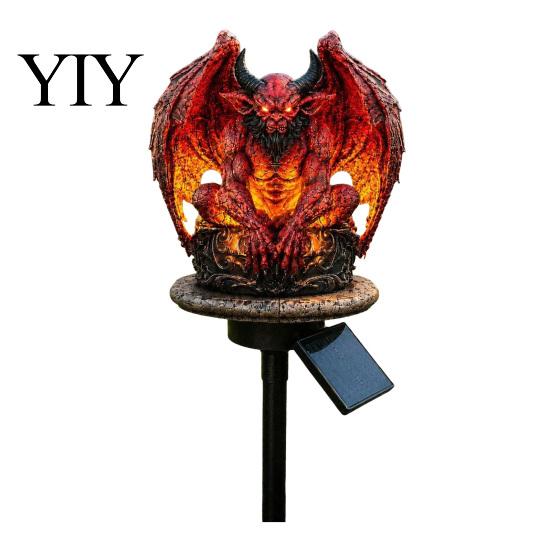 Automatische Solar-Gartenstecker Drachenlicht, Outdoor Gotische Gargoyle-Statue mit Warmer LED-Beleuchtung, Fledermausflügel Teufelsfigur Wasserdichte Harz-Dekoration A black