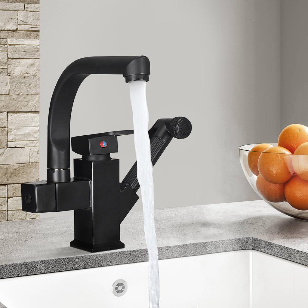 Kuchyňská Nerezová baterie Vytahovací Bidetová sprška Montáž na desku Horká Studená Směšovací baterie Černá 360° Otočná Otočná Koupelnová Umyvadlová Baterie Černá