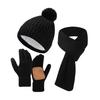 3Pcs/Set Winter Hat Scarf Gloves Set Solid Color Thickened Warm Plush Lining Elastic Brimless
