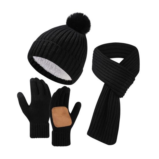 3Pcs/Set Winter Hat Scarf Gloves Set Solid Color Thickened Warm Plush Lining Elastic Brimless