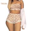 Women Erotic See Through Heart Print Underwear Set Tube Top Lace Micro Shorts