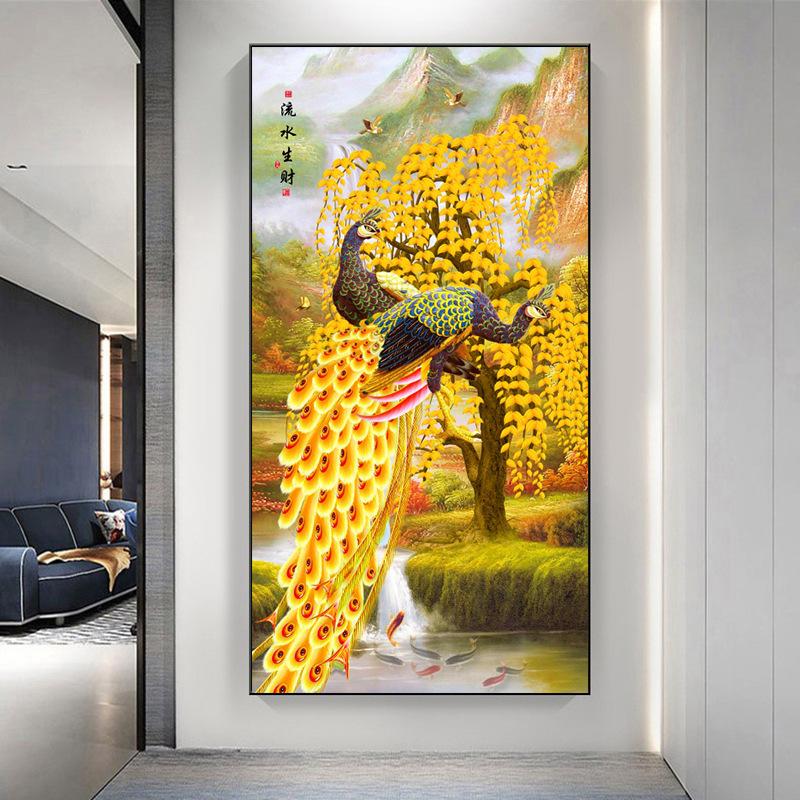 New Chinese Style Light Luxury Peacock Phoenix Canvas Painting Wall Art Abstract Golden Animal Posters for Porch Room Wall Decor