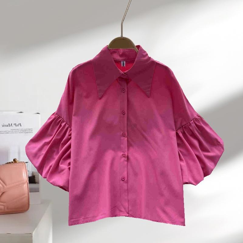 Summer Puff Short Sleeve Women Shirt Fashion New Elegant Loose Casual Lapel Blouse Female 2025 Solid Color Simple Office Tops Clothes Top 3505