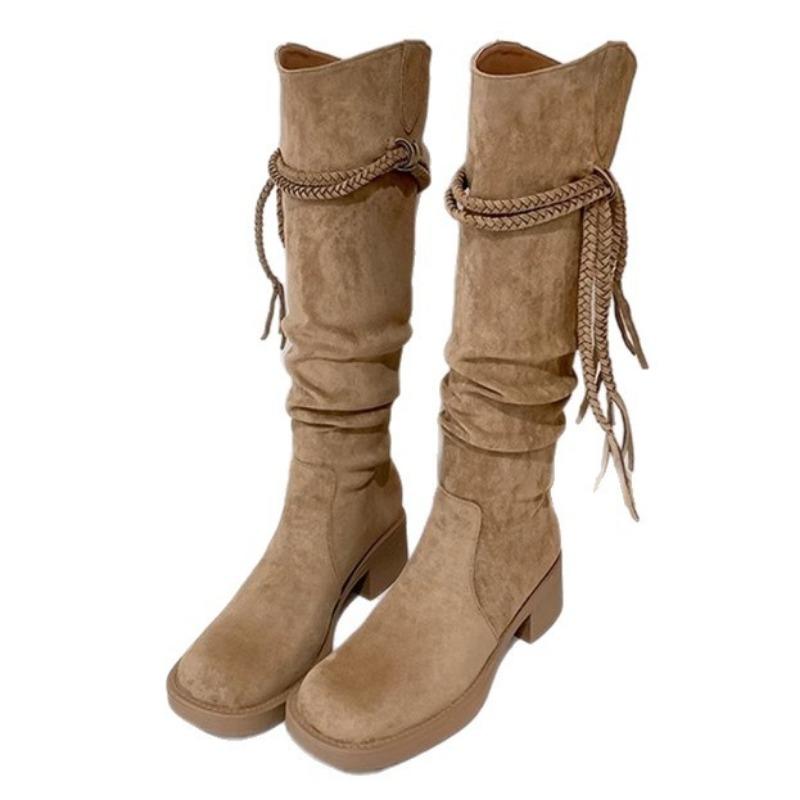 Retro Wasteland Fringed Knight Boots Women's Autumn New Thick Heel But Knee Long Boots Skinny Pile Boots