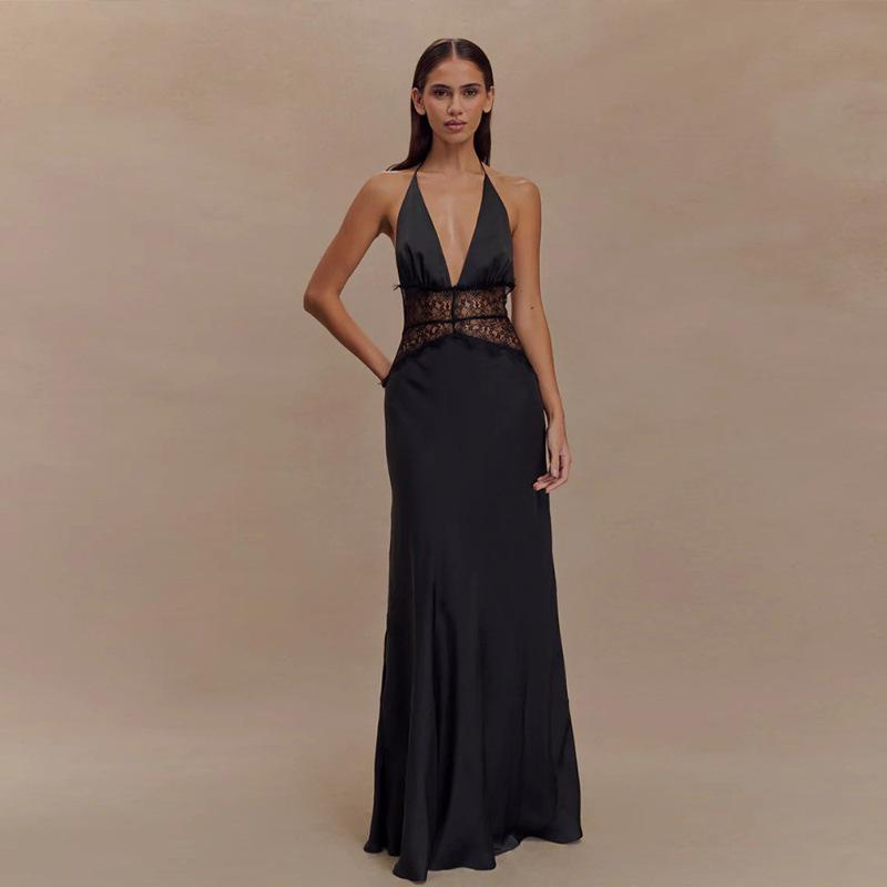 Autumn New Deep V Sexy Long Dress European and American Temperament Neck High Waist Halter Dress