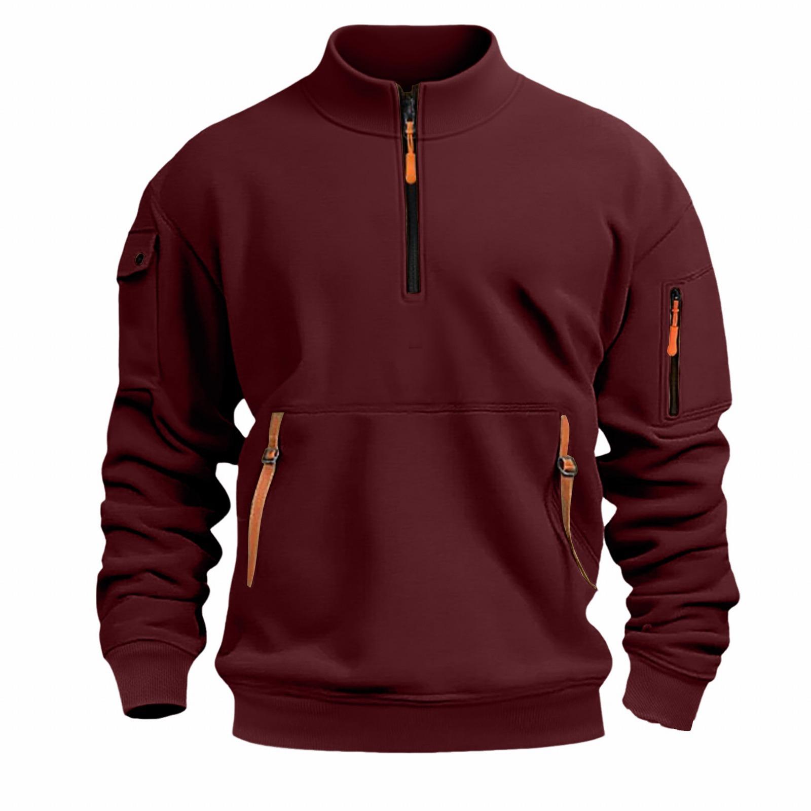 

Stand-up Collar Spring and Autumn Men s Sweatshirt Zipper Multi-pocket Semi-zipper Pullover Sports and Casual Top S красный