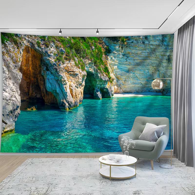 2D Mediterranean Sea Tapestry Tropical Cave Lagoon with Clear Turquoise Water Background Cloth