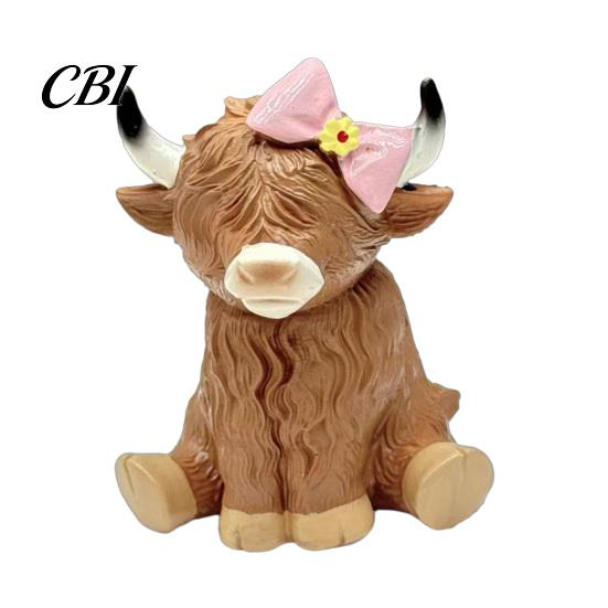 Healing Cartoon Animal Models Highland Cow Figurine, Resin Sitting Sculpture, Farmhouse Desk Matte Finish Crafts Decoration, Cute Statue for