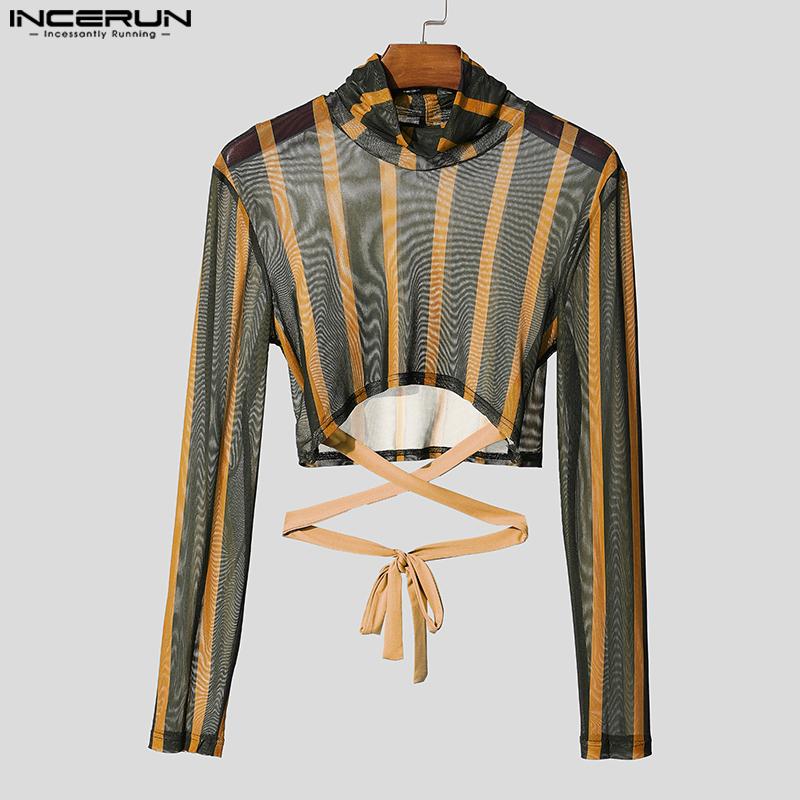 INCERUN Two-piece Men Long Sleeve Striped Mesh Sheer Crop Tops Elastic Waist Pants Sets