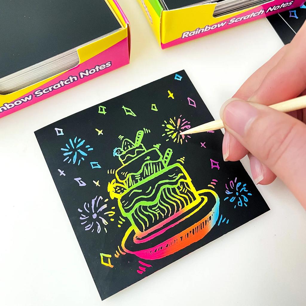 100pcs DIY Scratch Paper Art Set Rainbow Card Scratch Magic Paper with 2 Bamboo Stylus Black Scratch Notes Xmas Birthday Gift