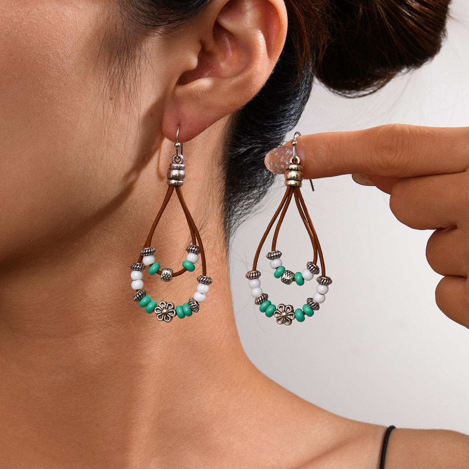Bohemian style double-layer rice bead rope hanging environmentally friendly alloy women s earrings