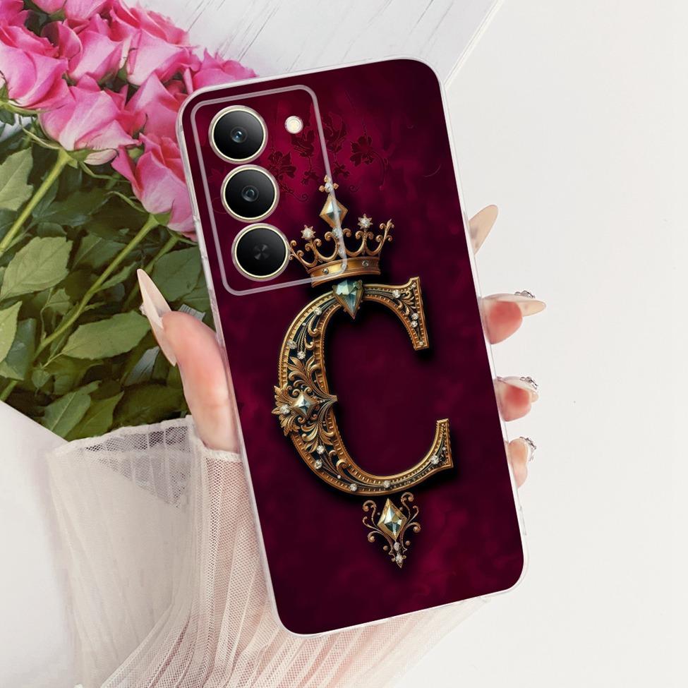 Cover For Realme 14x 5G India Case RMX3940 Transparent Luxury Crown A-Z Letters 2D Flat Pattern Soft Phone Case
