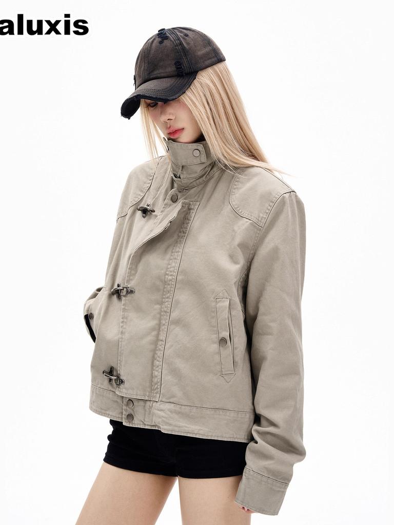 Vintage Distressed Flight Jacket with Button-Down Collar for Women, Autumn Winter New Style Slouchy High-End Couple Workwear Coat Trendy