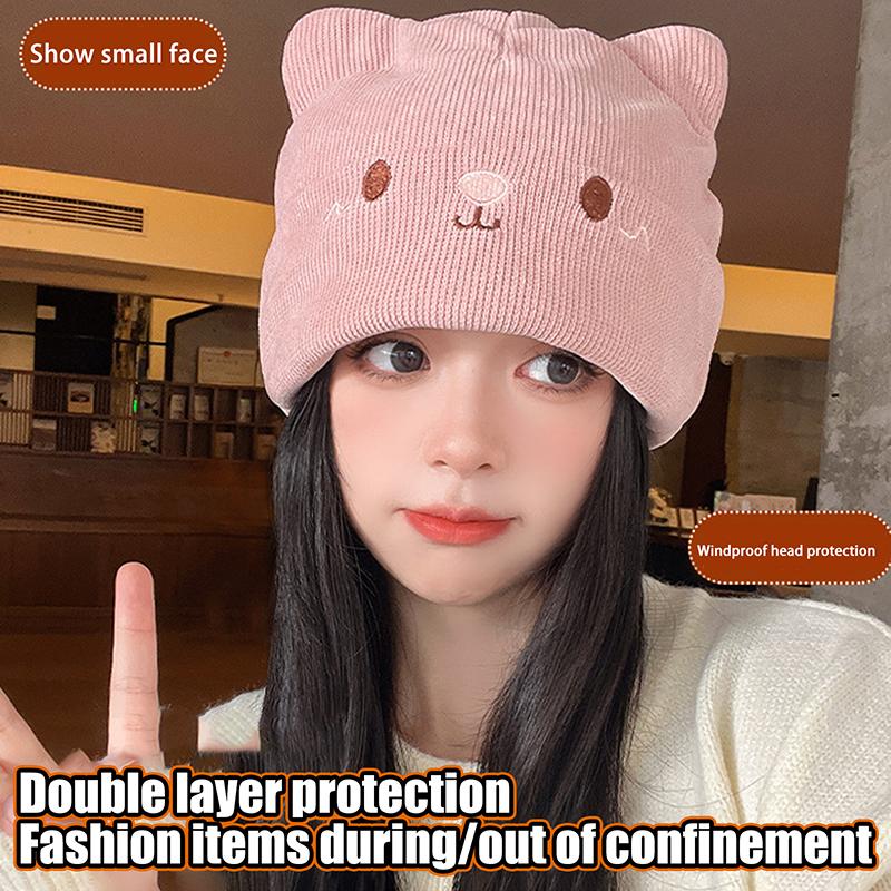 Cute Cat Embroidered Knitted Hat Outdoor Warm Ear Protection Cat Ears Wool Cap Over Head Cold Cap Street Beanies Cap Penny Cap