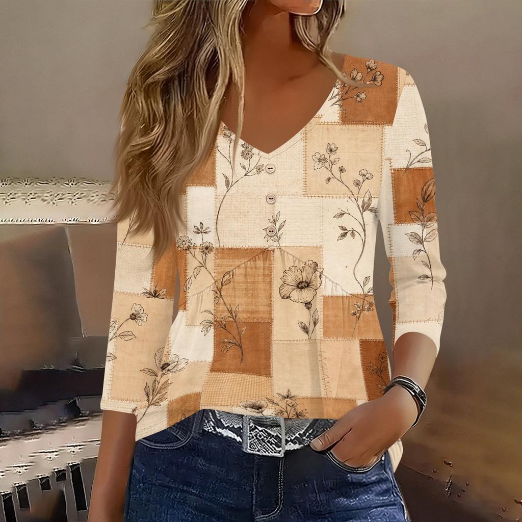 Womens 3/4 Sleeve V Neck Button Detail Floral Print Tunic Top Lightweight Casual Shirt