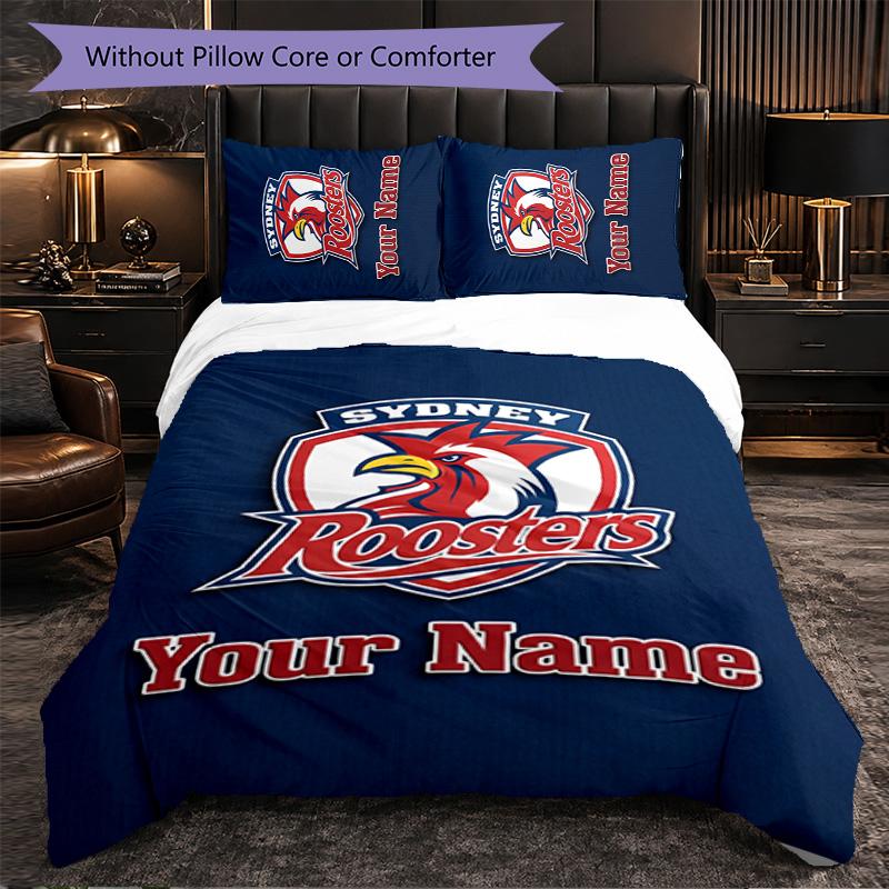 Sydney Roosters Customized Name Text Bedding Set, 1 Duvet Cover & 2 Pillowcases Personalized Bedroom Gift