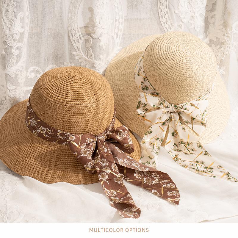 Pălărie de soare pliabilă cu bor larg pentru femei - Decor elegant cu panglică și fundă, pălărie de plajă din paie în stil francez
