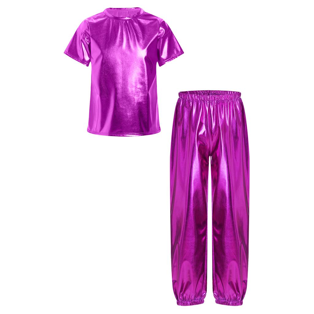 Unisex Kids Dance Costume Short Sleeve Round Neck Metallic Shiny T Shirt Performance Pants Set
