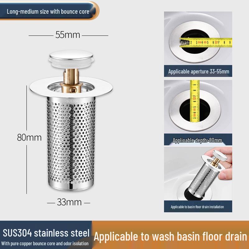 Stainless Steel Pop-up Drain Stopper & Filter for Washbasins - Universal Fit, Anti-Hair Clog Prevention.