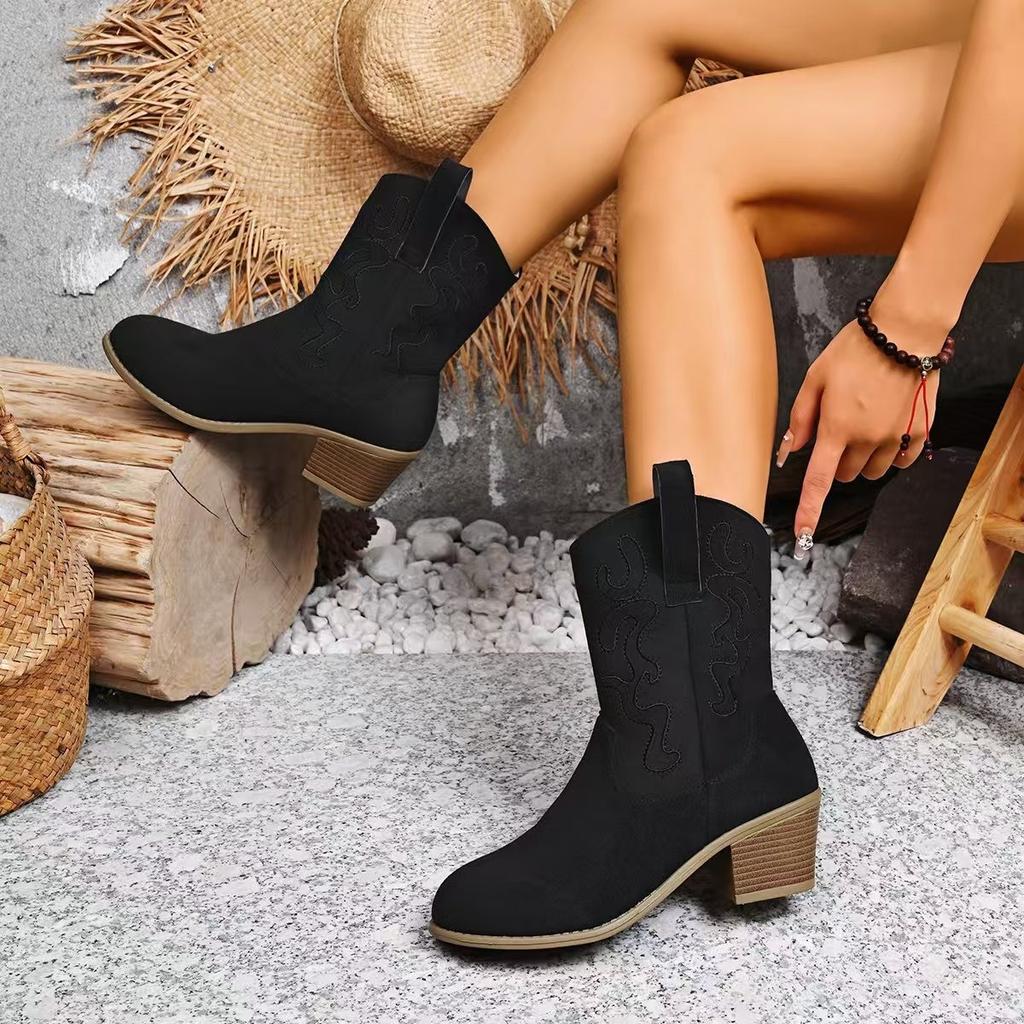Botas Vaqueras de Punta Ancha para Mujer, Botines de Cuero Western con Tacón Grueso, Botines de Moda Vintage sin Cordones para Mujer