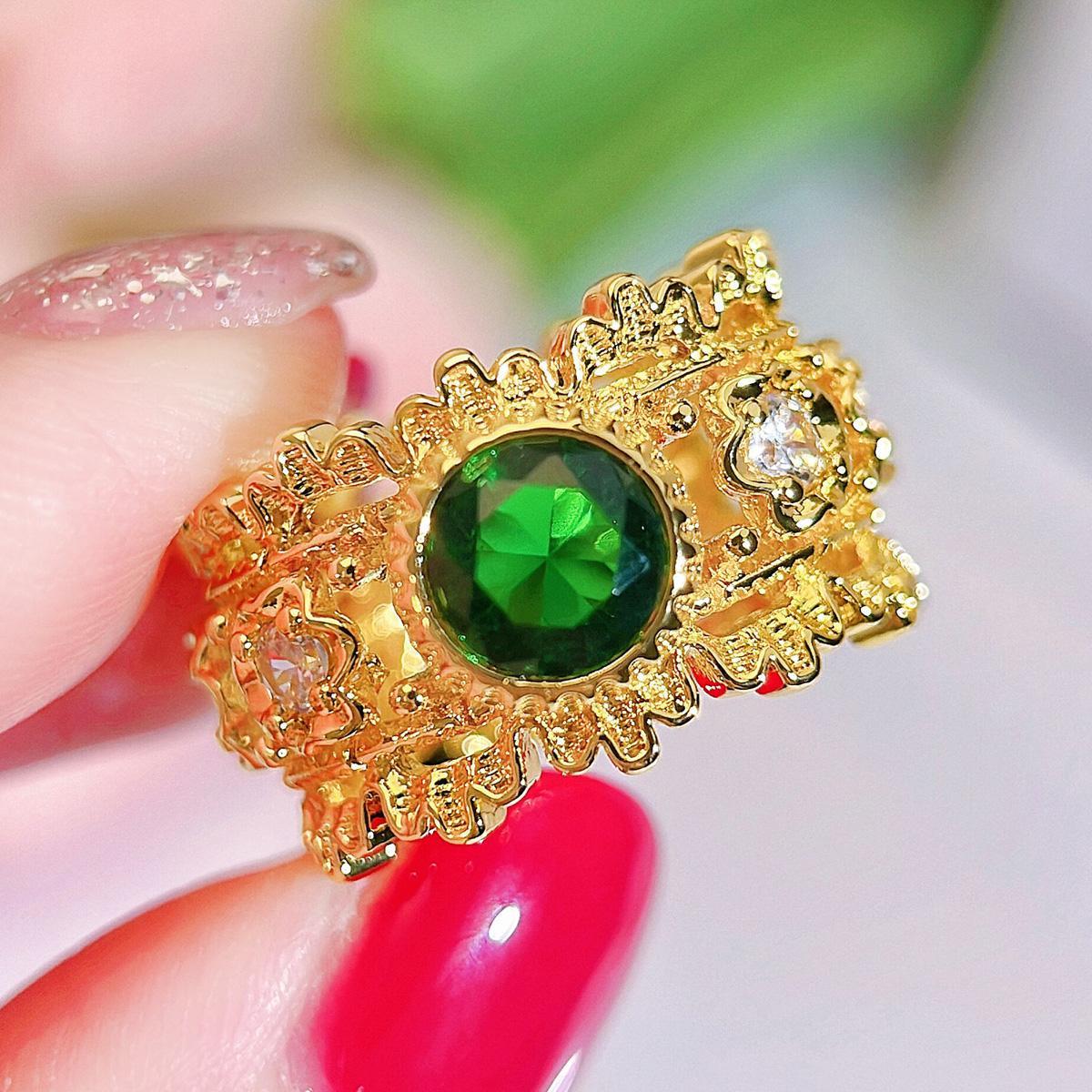 

CMM высококачественное европейское дворцовое кольцо с зеленым цирконием и полой резьбой в стиле ретро, вечеринка для женщин, открывающееся регулируемое кольцо золотой