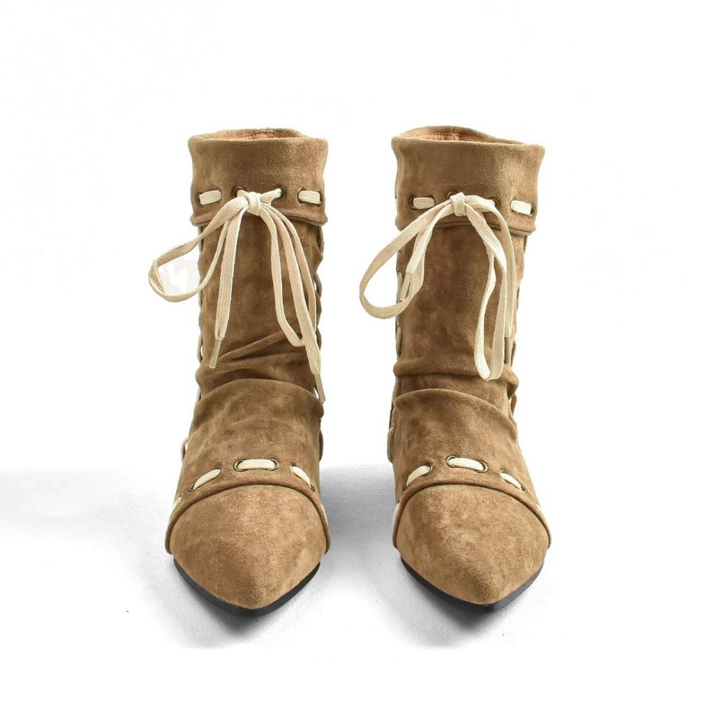 Sheepskin version retro pointed pleated lace-up stacking boots women's autumn and winter versatile commuter fashion boots inner height-increasing sho