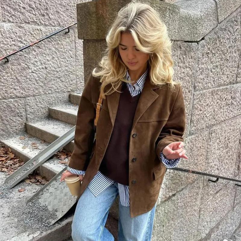 Jachetă de piele de căprioară vintage pentru femei cu rever cu buzunar paltoane pentru femei Hight Street Casual modă cardigan cu mânecă lungă toamnă iarnă jachete de bază maro