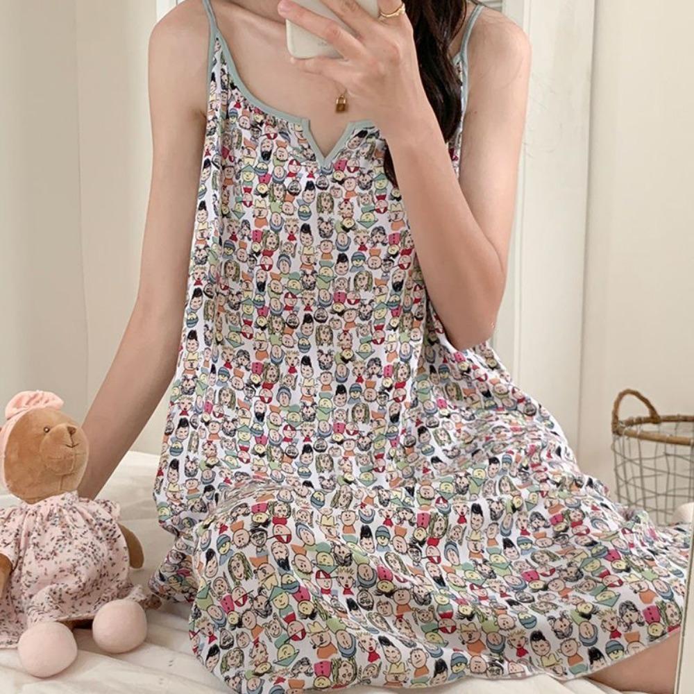 2024 Estate Nuovo Sexy Camicia da Notte per Donna Scollo a V Dolce Piccolo Fresco Cartone Animato Floreale Spallina Abbigliamento per la Casa Sottile Ins