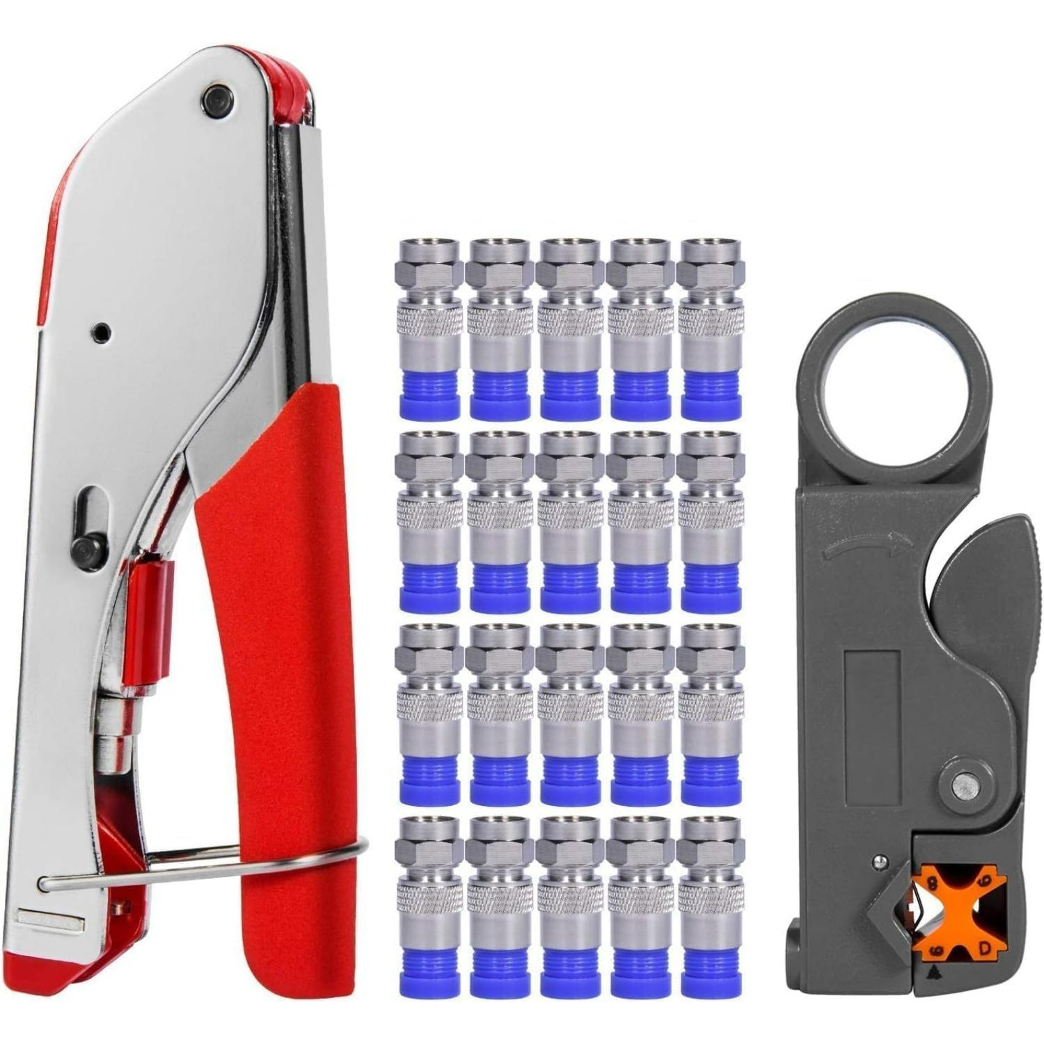 Coaxial Cable Crimper for RG59, RG6, 3-in-1 Coax Cable Repair Kit with Wire Stripper Adjustable for RG59, RG11, RG7,F-Type RG6 Connector for Satellite W