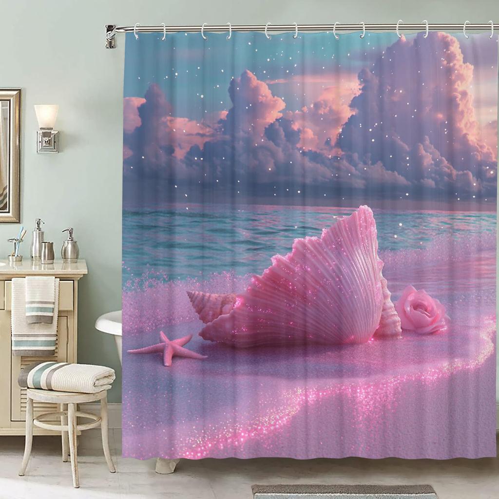 Shell and Starfish Pattern Waterproof Non-Woven Shower Curtain, Artistic Ocean Theme Bathroom Decor with Hooks