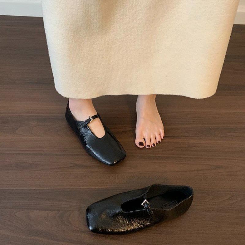 Flat Shoes Autumn New Square Toe Shallow Mouth Metal Buckle Soft Sole Soft Surface Non-slip Low-top Shoes