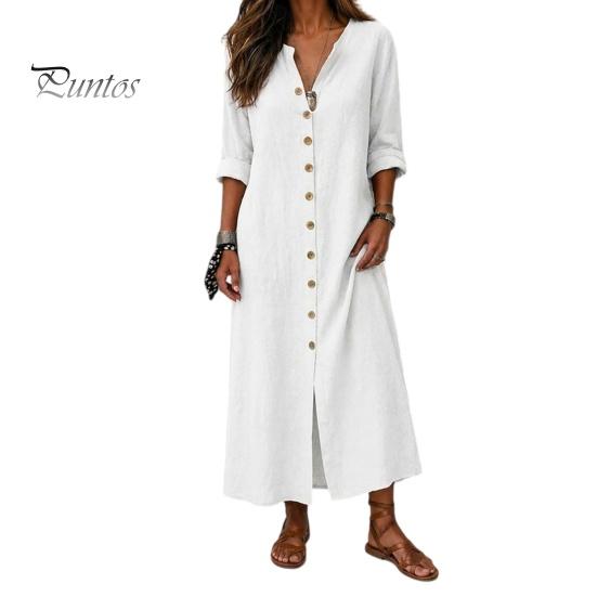 Middellange Jurk Dames Zomer Knopen Lange Jurk, Casual Losse V-hals Tuniek Op te rollen Mouw Vakantie Lounge Outfits Feest
